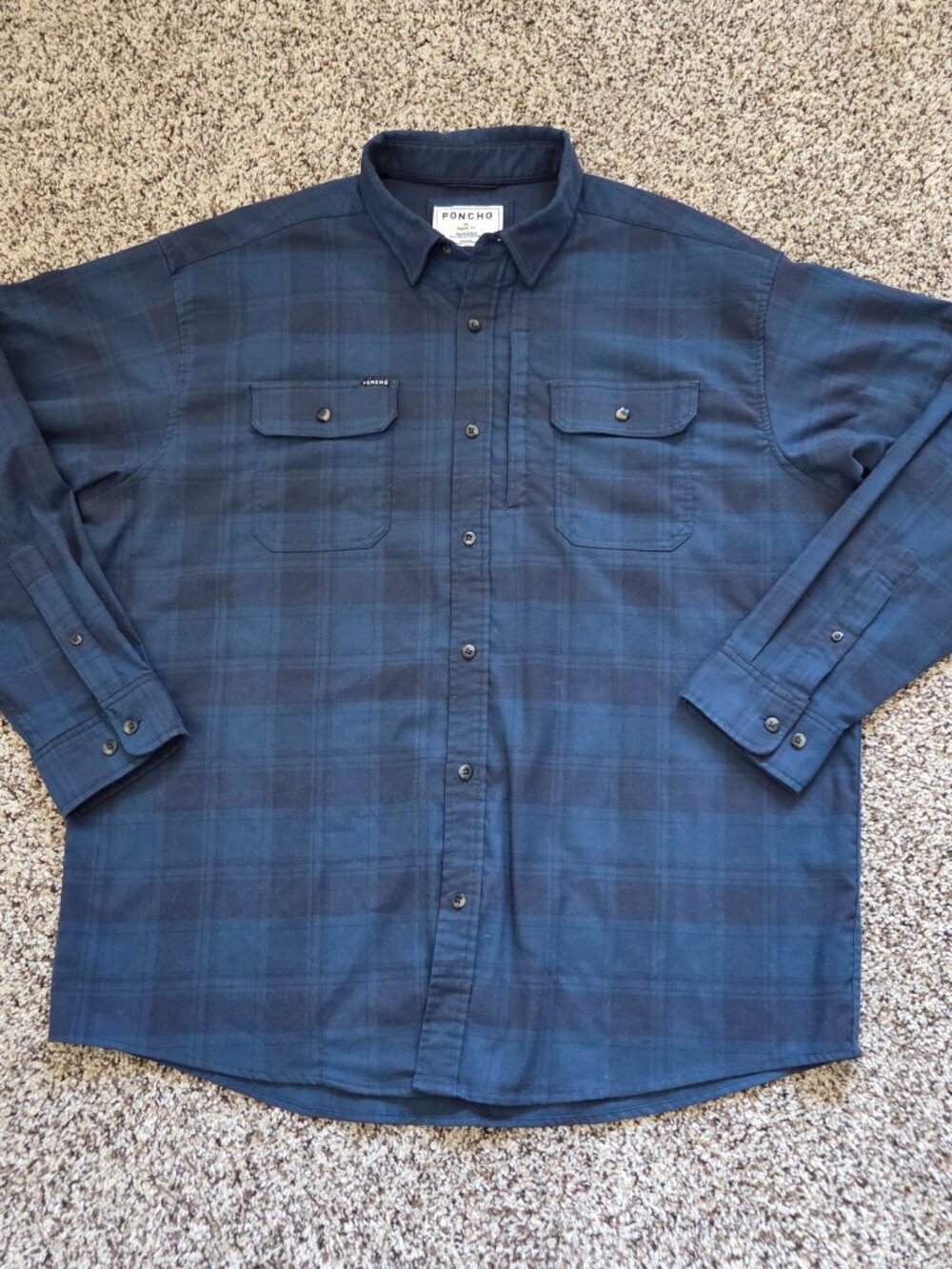 Poncho Shirt Mens XL Blue Plaid Flannel Button Long Sleeve Magnetic Pockets